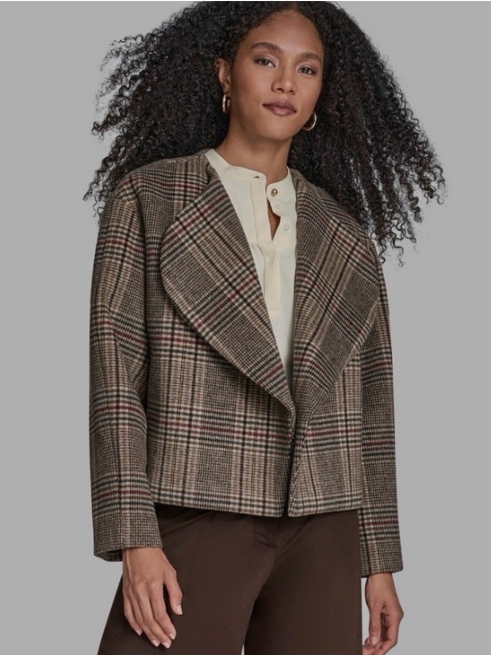 BCBG Cropped Plaid Blazer in Brown Tones